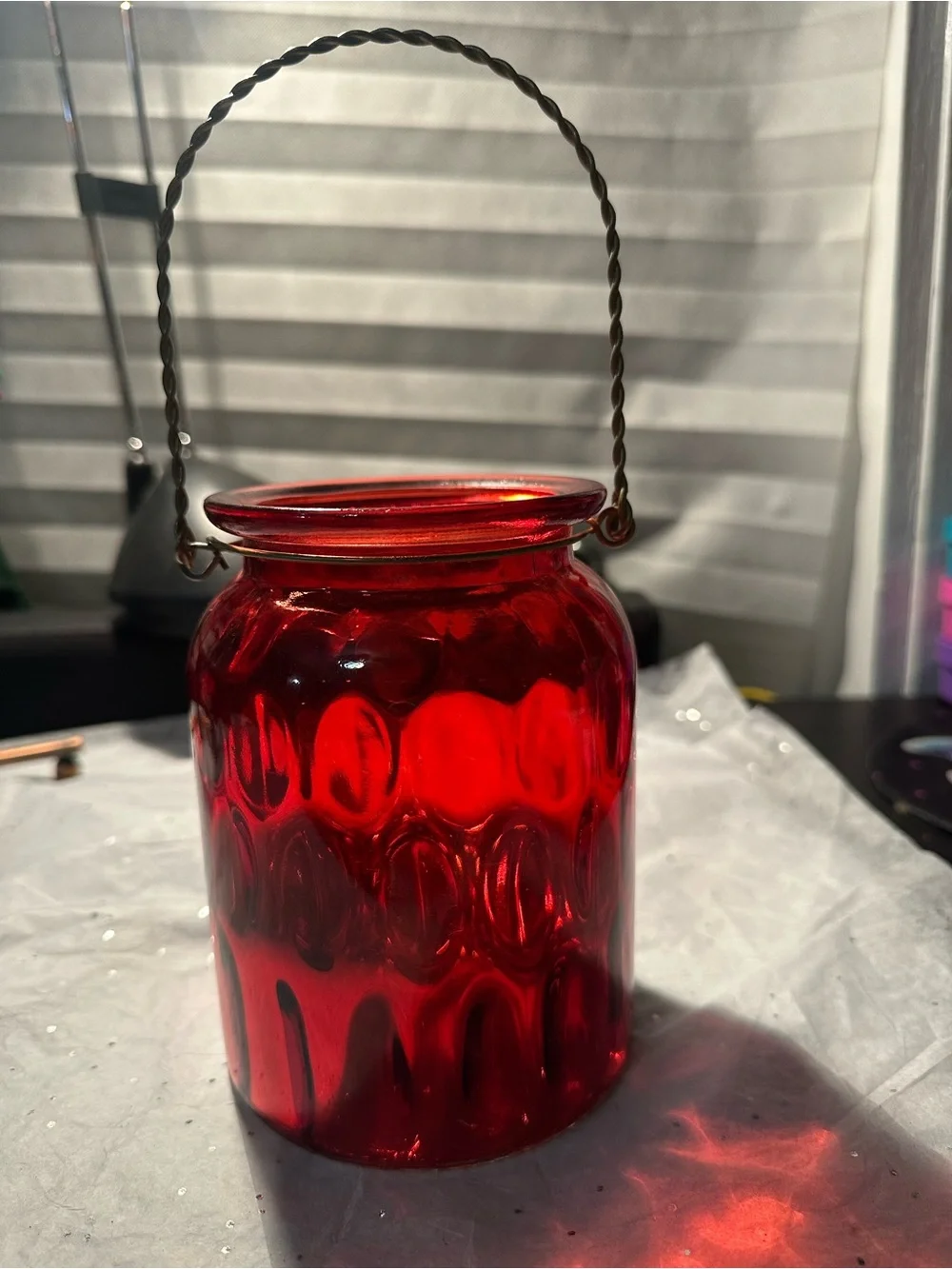 Red Glass Lantern Vase with Handle - Unbranded